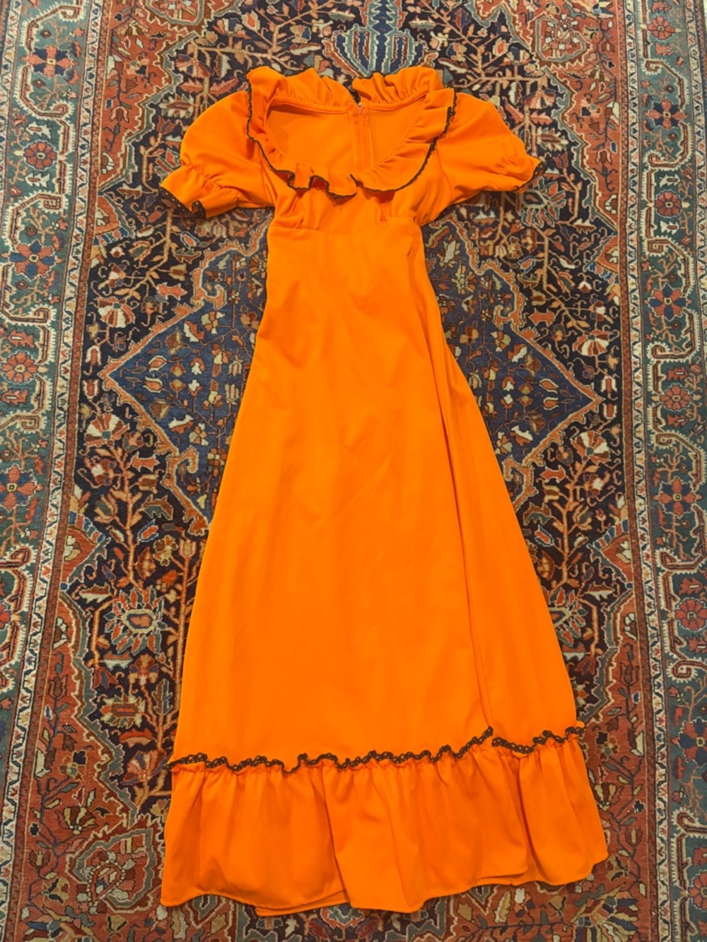 Vintage 70s Handmade Prairie Bold Orange Ruffle Maxi Dress
